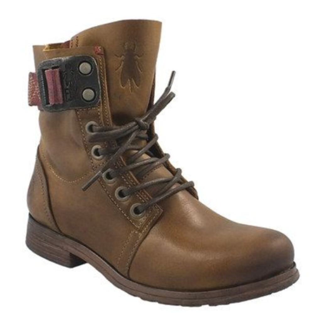 FLY London Stay Rug Biker Boots Combat Leather Lace Up Buckle Strap Brown 8